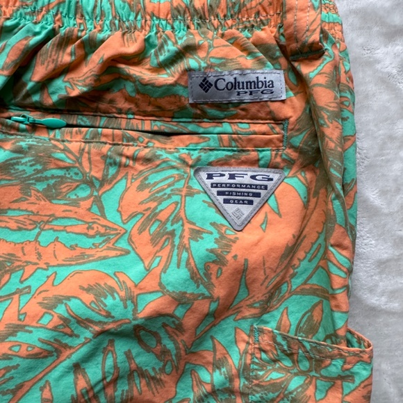 Columbia PFG Swim Trunks Mens XL orange green Hawaiian 6" Shorts Palm Tree - Picture 2 of 5